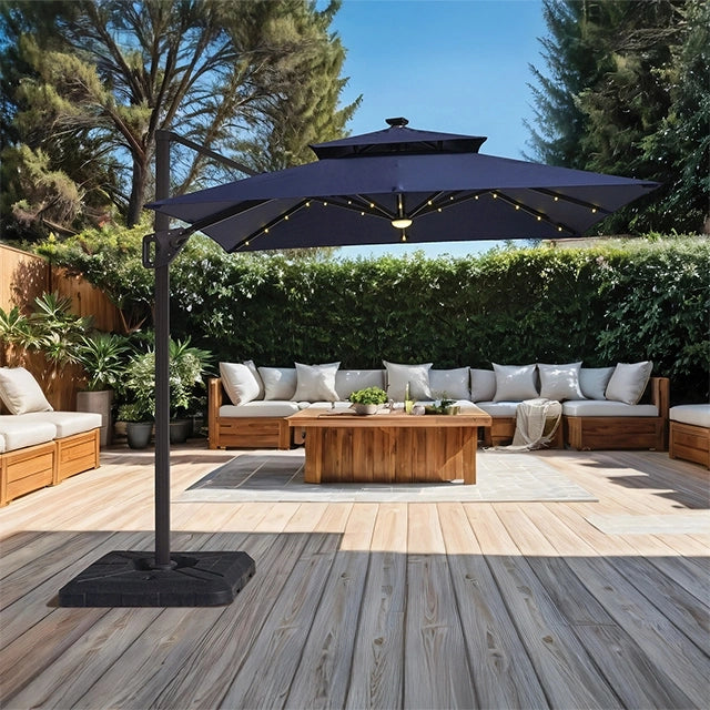 Xico 8 Ft Square Umbrella w/ Double Top w/ LED Light + 37" Large Base