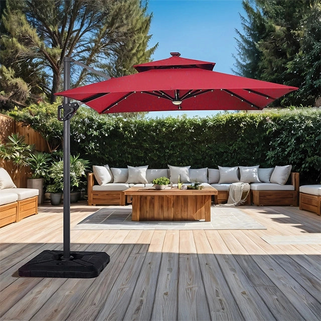 Xico 8 Ft Square Umbrella w/ Double Top w/ LED Light + 37" Large Base