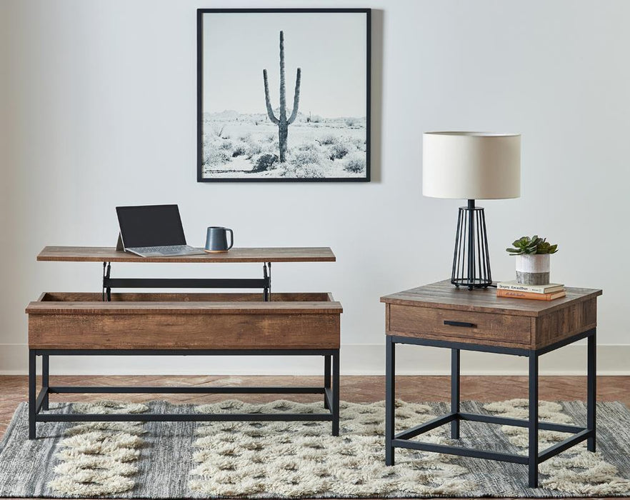 Byers Square 1-drawer End Table Brown Oak and Sandy Black