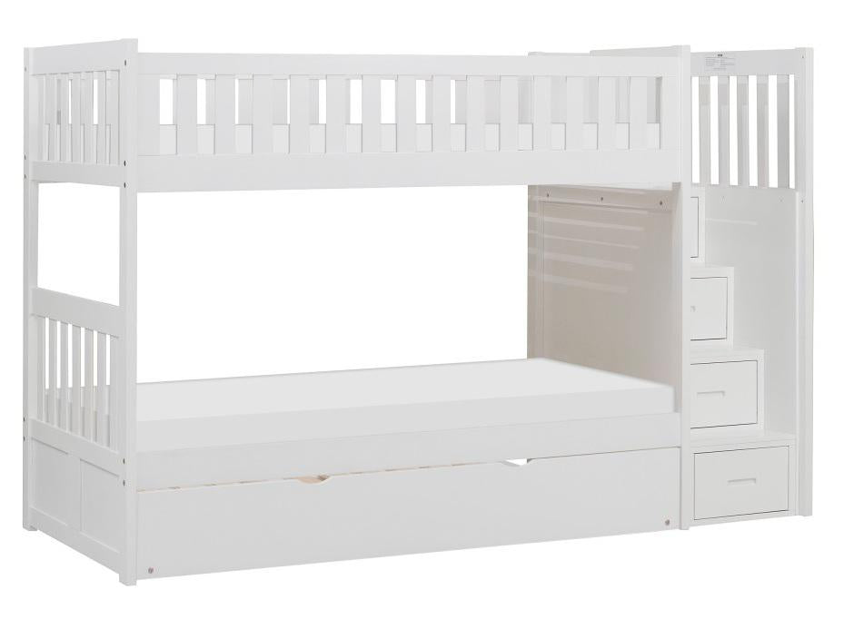 Galen Bunk Bed w/ Reversible Step Storage and Twin Trundle in White B2053SBW-1*R